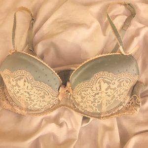 Blue and Cream Satin and Lace Balconette Bra